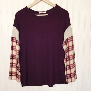 LELIS LONG SLEEVE MAROON PLAID TOP MEDIUM
